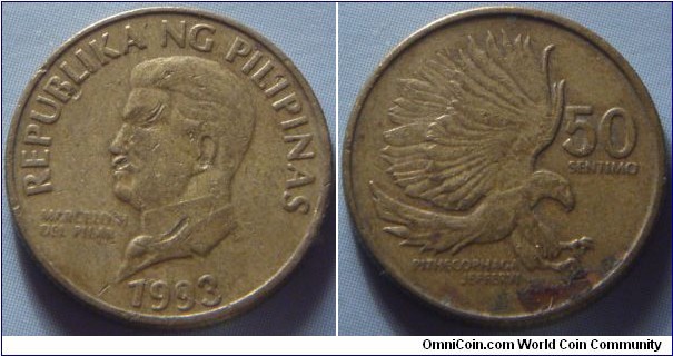 Philippines | 
50 Sentimo, 1993 | 
18 mm, 3 gr. | 
Brass | 

Obverse: Marcel H. del Pilar | 
Lettering: REPUBLIKA NG PILIPINAS MARCEL H. DEL PILAR 1993 | 

Reverse: Pithecophaga (monkey-eating eagle) at attacking, denomination right | 
Lettering: 50 SENTIMO PITHECOPHAGA JEFFERYI |