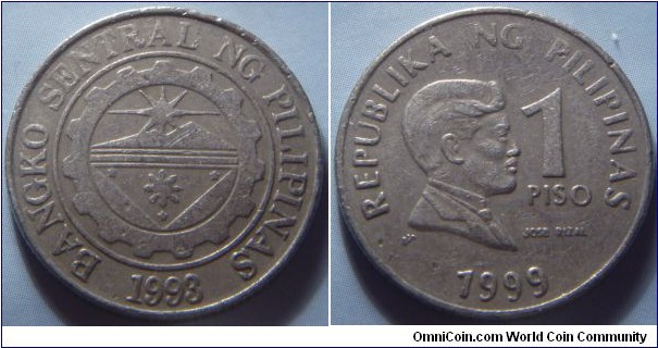 Philippines | 
1 Piso, 1999 | 
24 mm, 6.1 gr. | 
Copper-nickel | 

Obverse: Bank seal with legend around and year of the establishment on the Central Bank below | 
Lettering: BANGKO SENTRAL NG PILIPINAS 1993 | 

Reverse: José Rizal facing right, denomination right and date below |
Lettering: REPUBLIKA NG PILIPINAS 1 PISO 1999 JOSE RIZAL |