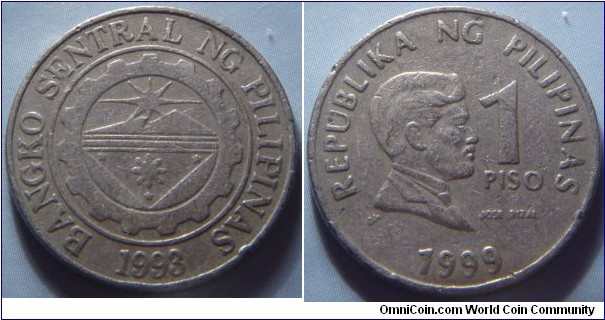 Philippines | 
1 Piso, 1999 | 
24 mm, 6.1 gr. | 
Copper-nickel | 

Obverse: Bank seal with legend around and year of the establishment on the Central Bank below | 
Lettering: BANGKO SENTRAL NG PILIPINAS 1993 | 

Reverse: José Rizal facing right, denomination right and date below |
Lettering: REPUBLIKA NG PILIPINAS 1 PISO 1999 JOSE RIZAL |