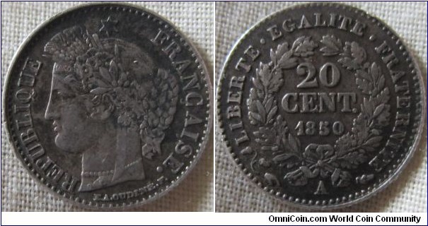 France 20 centime 1850 A in VF with a very nice dark tone