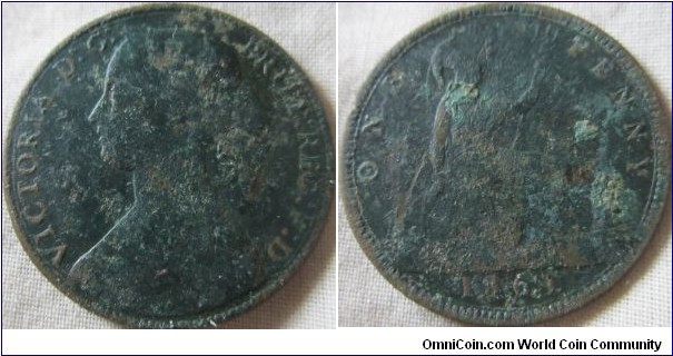 1861 penny, decent detail but corroeded from being in the ground