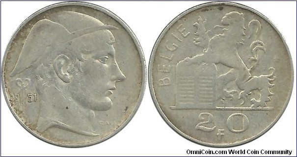 Belgium 20 Francs 1951 Dutch