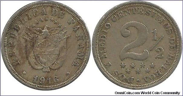 Panama 2½ Centesimos 1916 KM# 7.2
Unauthorised issue, 1 million pieces were struck and nearly all were melted in 1918.
