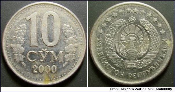 Uzbekistan 2000 10 som. A rather difficult coin to find. Weight: 4.80g. 