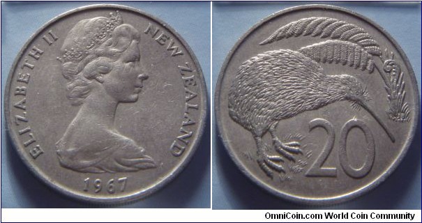 New Zealand |
20 Cents, 1967 |
28.58 mm, 11.31 gr. |
Copper-nickel |

Obverse: Queen Elizabeth II facing right, date below |
Lettering: ELIZABETH II NEW ZEALAND 1967 |

Reverse: Kiwi Bird, denomination below |
Lettering: 20 |