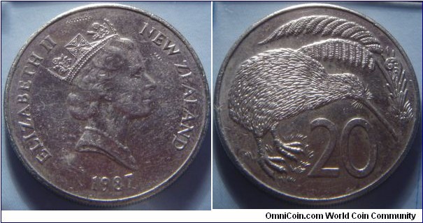 New Zealand |
20 Cents, 1987 |
28.58 mm, 11.31 gr. |
Copper-nickel |

Obverse: Queen Elizabeth II facing right, date below |
Lettering: ELIZABETH II NEW ZEALAND 1987 |

Reverse: Kiwi Bird, denomination below |
Lettering: 20 |