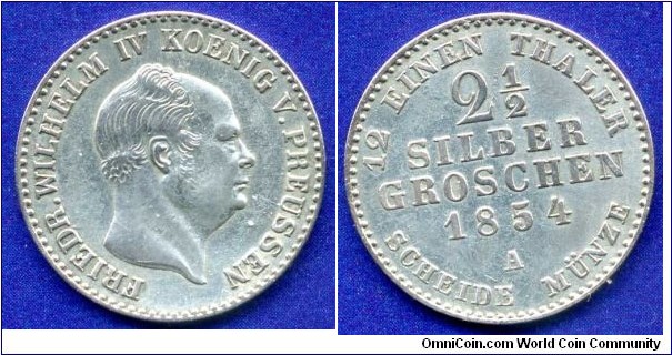 2-1/2 silber groschen.
Kingdom of Prussia.
Friedrich Wilhelm IV (1840-1861).
*A* - Berlin mint.


Ag375f. 3,24gr.