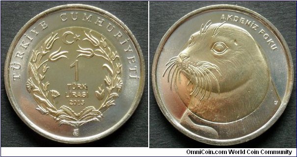 Turkey 1 lira.
2013, Monk Seal.
Bimetal