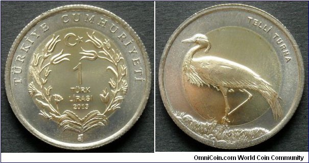 Turkey 1 lira.
2013, Demoiselle Crane. Bimetal