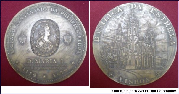 1779 - 1979 Portugal Queen D. Maria I Bicentenary  Medal. Bronze: 90MM./271 gm.
