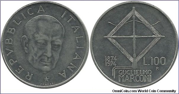 Italy 100 Lire 1974-Centennial Birth of G.Marconi