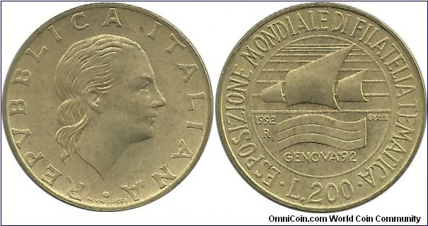 Italy 200 Lire 1992-Genoa Stamp Exposition