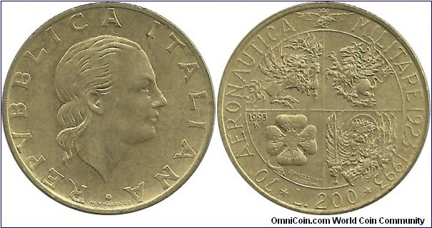 Italy 200 Lire 1993-70th Anniversary of Military Aviation