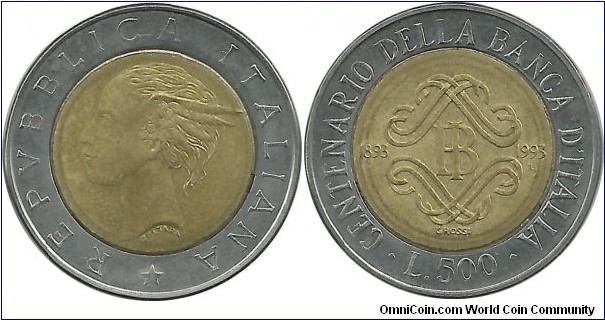 Italy 500 Lire 1993-Centennial of Bank of Italy