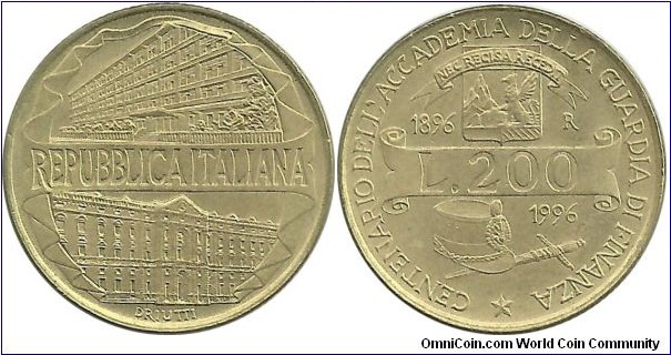 Italy 200 Lire 1996-Centennial of Customs Service Academy
