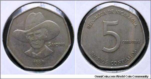 Nicaragua 5 cordobas.
1980, Augusto Sandino