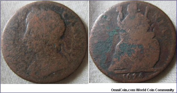 1674 farthing, ecent detail but worn