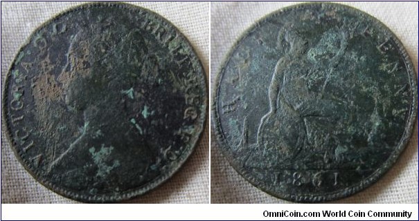 1861 halfpenny good details but corroded