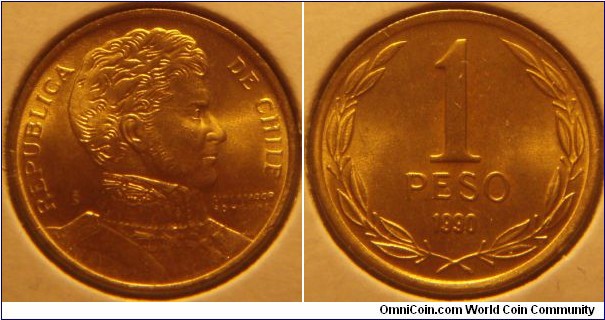 Chile | 
1 Peso, 1990 – small issue | 
17 mm, 2 gr. | 
Aluminium-bronze | 

Obverse: Bernardo O'Higgins facing right | 
Lettering: REPUBLICA DE CHILE | 

Reverse: Denomination within Laurel Wreath, date below | 
Lettering: 1 PESO 1990 |