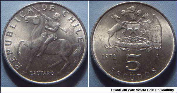 Chile | 
5 Escudos, 1972 | 
23.03 mm, 4.53 gr. | 
Copper-nickel | 

Obverse: Lautaro on horse facing left | 
Lettering: REPUBLICA DE CHILE LAUTARO |
