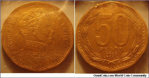 Chile | 
50 Pesos, 2008 - Error spelling | 
25 mm, 7 gr. |  
Aluminium-bronze | 

Obverse: Bernardo O'Higgins facing right | 
Lettering: REPUBLICA DE CHIIE | 

Reverse: Denomination within Laurel Wreath, date below | 
Lettering: 50 PESOS 2008 |