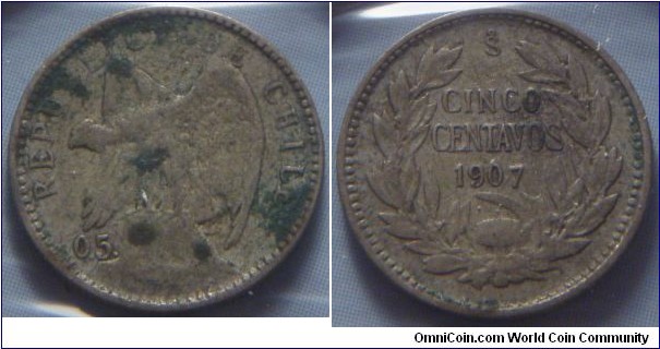 Chile | 
5 Centavos, 1907 | 
14 mm, 1 gr. | 
Silver (.500) | 

Obverse: Andean Condor on rock facing left | 
Lettering: REPUBLICA DE CHILE 0.5. | 

Reverse: Denomination within wreath, date below | 
Lettering: CINCO CENTAVOS 1907 |