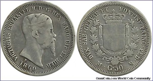 Italy-Kingdom 50 Centesimi 1860M - Sardinia C#121.3