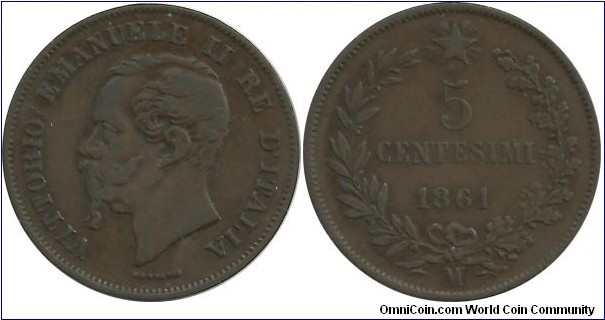 Italy-Kingdom 5 Centesimi 1861M