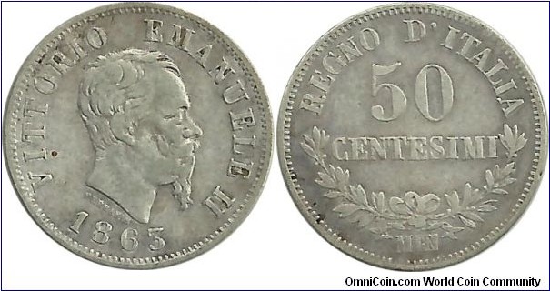 Italy-Kingdom 50 Centesimi 1863M