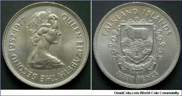 Falkland Islands 50 pence. 1977, 25th Anniversary of the Coronation of Elizabeth II.