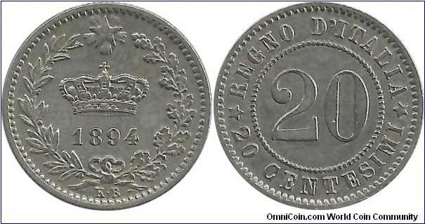 Italy-Kingdom 20 Centesimi 1894KB (mint: Berlin)