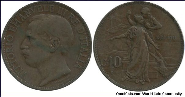 Italy-Kingdom 10 Centesimi 1861-1911, Centennial of Italian Unification