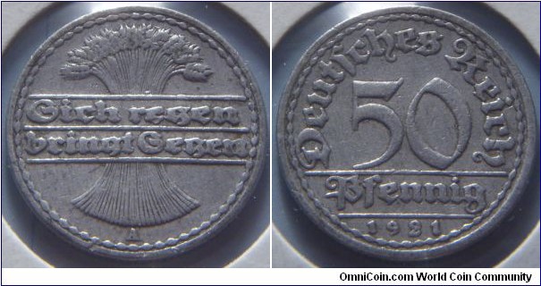 Weimar Republic | 
50 Pfennig, 1921 A | 
20 mm, 3.3 gr. | 
Bronze | 

Obverse: The proverb 