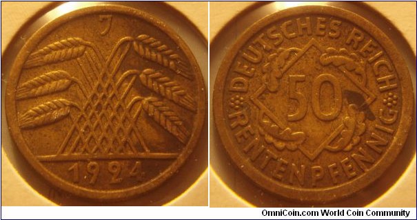 Weimar Republic | 
50 Rentenpfennig, 1924 J | 
20 mm, 3.3 gr. | 
Bronze | 

Obverse: Wheat ears drawing a pyramid, mint letter above, date below | 
Lettering: J 1924 | 

Reverse: Denomination | 
Lettering: * DEUTSCHES REICH * 50 RENTENPFENNIG |