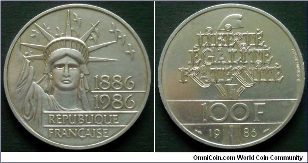 France 100 francs.
1983, 100th Anniversary of the Statue of Liberty.
Ag 900.