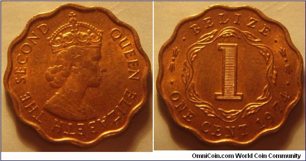 Belize | 
1 Cent, 1974 | 
19.5 mm, 2.7 gr. | 
Bronze | 

Obverse: Queen Elizabeth II facing right | 
Lettering: QUEEN ELIZABETH THE SECOND | 

Reverse: Denomination, date below | 
Lettering: • BELIZE • • ONE CENT 1974 • |