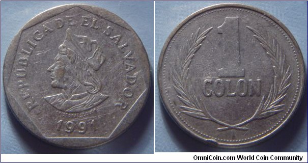 El Salvador | 
1 Colón, 1991 | 
25 mm, 6 gr. | 
Copper-nickel clad Steel | 

Obverse: Christopher Columbus facing left, date below | 
Lettering: REPUBLICA DE EL SALVADOR 1991 | 

Reverse: Denomination in wreath | 
Lettering: 1 COLON |