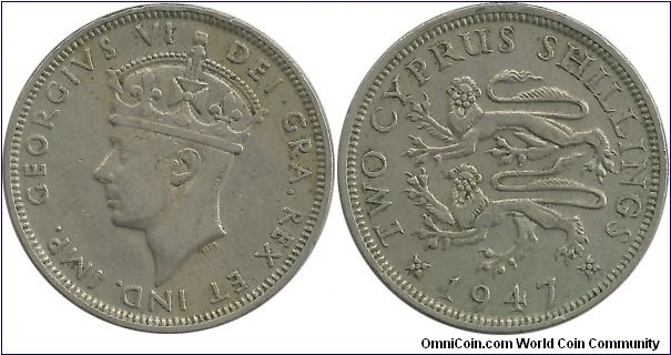 Cyprus-British 2 Cyprus Shillings 1947