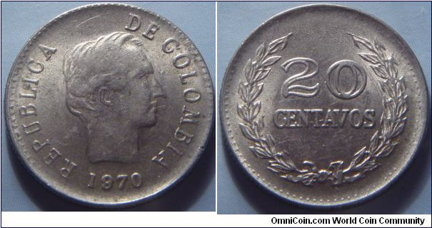 Colombia |
20 Centavos, 1970 | 
23.5 mm, 4.5 gr. | 
Nickel clad Steel | 

Obverse: Francisco de Paula Santander facing right, date below | 
Lettering: REPUBLICA DE COLOMBIA 1970 |

Reverse: Denomination within wreath |
Lettering: 20 CENTAVOS |