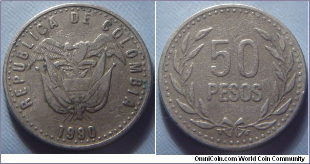 Colombia |
50 Pesos, 1990 | 
22 mm, 4.5 gr. | 
Copper-nickel-zinc | 

Obverse: National Coat of Arms, date below | 
Lettering: REPUBLICA DE COLOMBIA 1990 |

Reverse: Denomination within wreath |
Lettering: 50 PESOS |