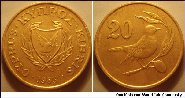 Cyprus |
20 Sent, 1983 | 
27 mm, 7.8 gr. | 
Nickel-brass | 

Obverse: National Coat of Arms with the independence year 1960, date below | 
Lettering: • CYPRUS • ΚΥΠΡΟΣ • KIBRIS • 1983| 

Reverse: Bird on a olive tree, denomination left | 
Lettering: 20 |