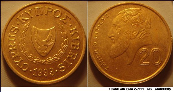 Cyprus |
20 Sent, 1993 | 
27 mm, 7.75 gr. | 
Nickel-brass | 

Obverse: National Coat of Arms with the independence year 1960, date below | 
Lettering: • CYPRUS • ΚΥΠΡΟΣ • KIBRIS • 1983| 

Reverse: Greek philosopher Zeno of Citium facing left, denomination left | 
Lettering: ΖΗΝΩΝ Ο ΚΙΤΙΕΥΣ 20 |