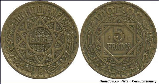 Morocco-French 5 Francs AH1365