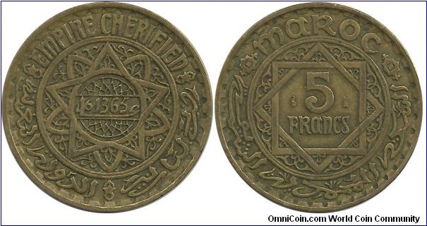 Morocco-French 5 Francs AH1365