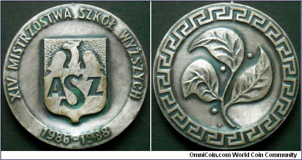 Academic Sports Association. XIV Academic Championships. Basketball. Polish medal struck in Warsaw Mint. Silvered. 