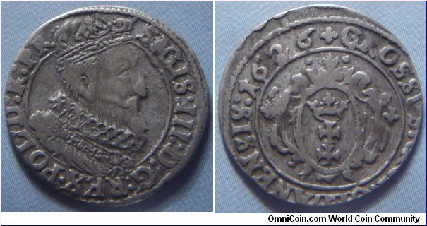 Danzig | 
1 Grosz, 1626 | 
18.54 mm, 0.9 gr. | 
Silver | 

Obverse: Sigismund III Wasa facing right| 
Lettering: SIGIS:III:D:G:REX•POL•D:R:PR | 

Reverse: Coat of Arms, date left | 
Lettering: GROSSVS•CIVI:GEDANENSIS:1626 |