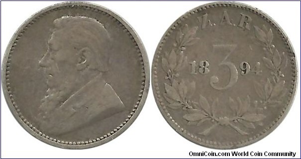 SouthAfrica-ZAR 3 Pence 1894