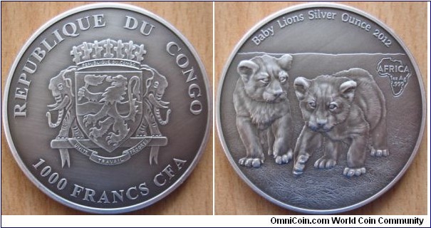 1000 Francs CFA - Baby lions - 1 oz 0.999 silver antique finish - mintage 2,000