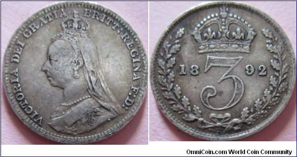1892 3pence, almost fine.