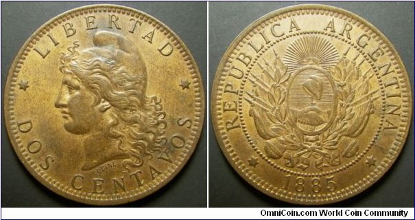 Argentina 1885 2 centavos. Nice condition. Weight: 9.63g.  